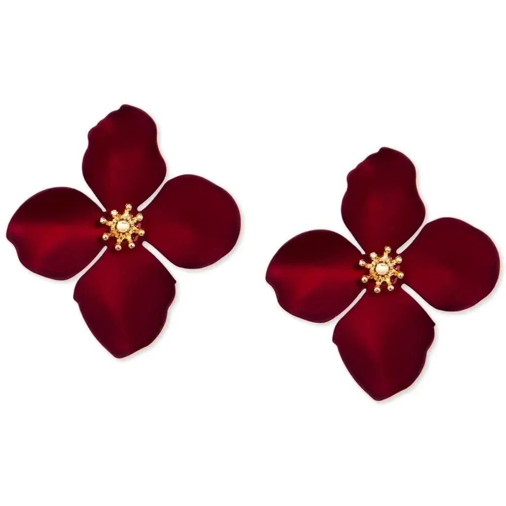 Anthropologie Red Burgundy Marigold Zenzii Flower Earrings NWT - Picture 3 of 6